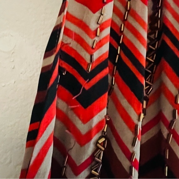 PARKER Women's Red/Orange/Black Keyhole Cut Out Silk Long Sleeve Midi Dress Sz L - Picture 8 of 9